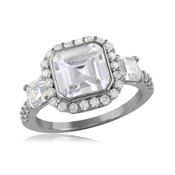 Silver 925 Rhodium Plated Princess Cut Halo Center CZ Ring