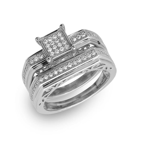 Silver 925 Rhodium Plated Two Piece Clear CZ Square Bar Accent Ring