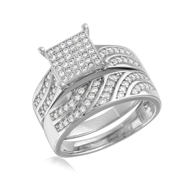 Rhodium Plated 925 Sterling Silver Wave CZ Band Square Center Micro Pave Stones Wedding Ring