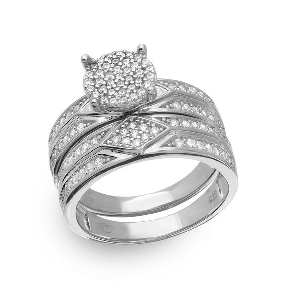 Silver 925 Rhodium Plated Round Pave Center Trio Bridal Ring