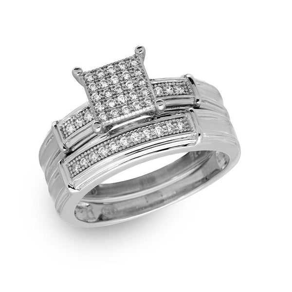 Silver 925 Rhodium Plated CZ Pave Square Center Ring