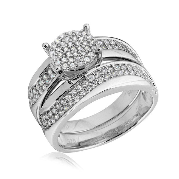 Rhodium Plated 925 Sterling Silver Wave CZ Band Round Center Cluster Stones Wedding Ring