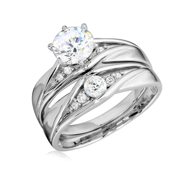 Rhodium Plated 925 Sterling Silver Round CZ Center Stone Wedding Ring