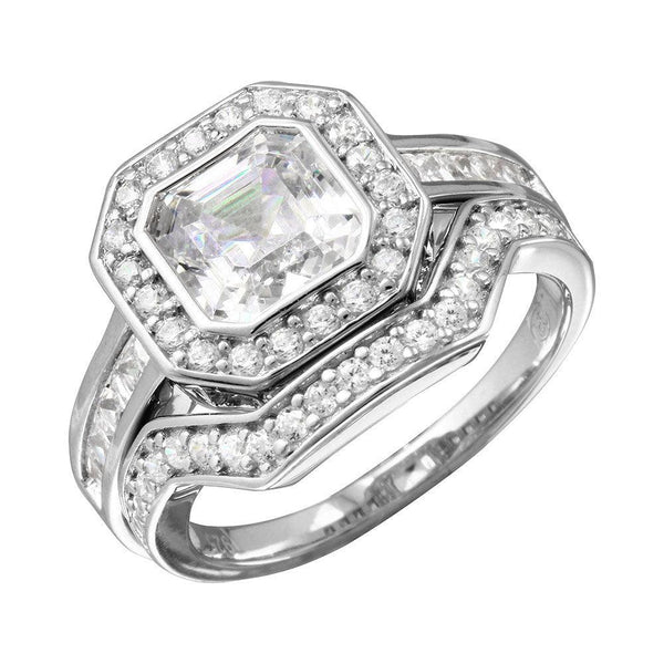 Rhodium Plated 925 Sterling Silver 2pcs CZ Square Center Bridal Ring