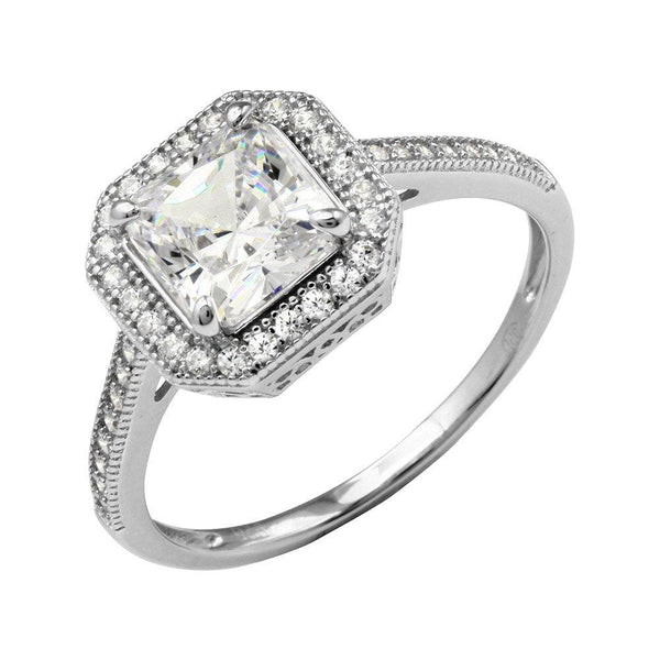 Rhodium Plated 925 Sterling Silver Square Halo Ring with CZ Shank
