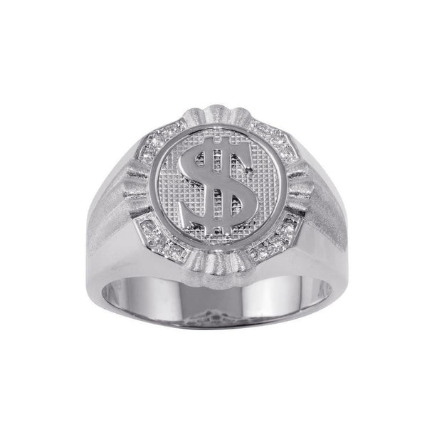 Rhodium Plated 925 Sterling Silver Dollar Sign Ring with CZ