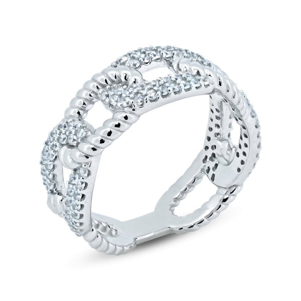 Silver Rhodium Plated Link CZ Ring