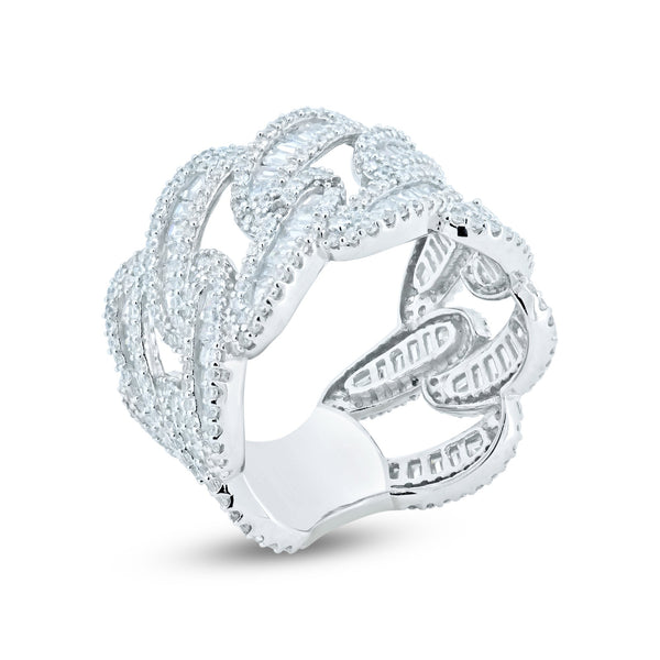 Men's Sterling 925 Sterling Silver Rhodium CZ Encrusted Chain Link Ring
