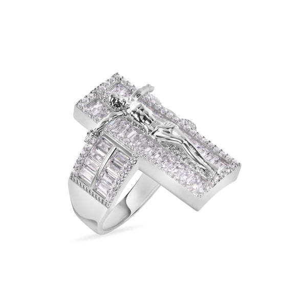 Rhodium Plated 925 Sterling Silver Cross Baguette Cut Clear CZ 9.6mm Ring