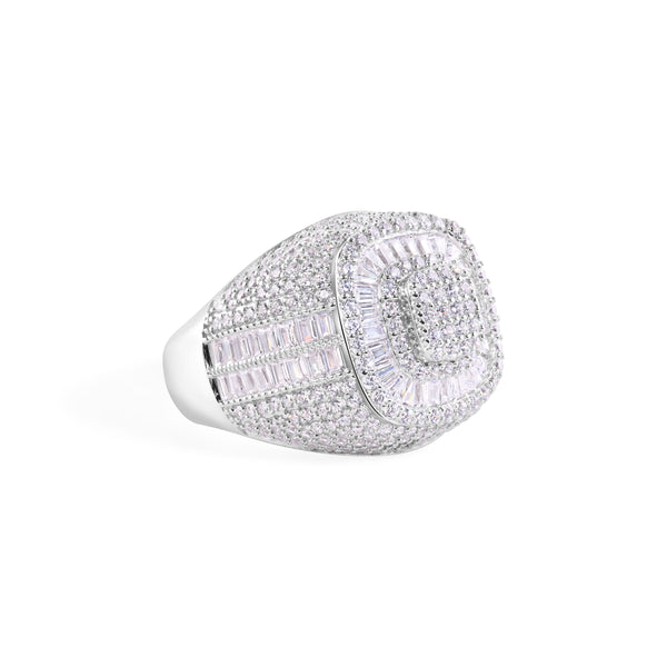Rhodium Plated 925 Sterling Silver Men's Stement Square Top Baguette Cut Clear CZ 21.7mm Ring