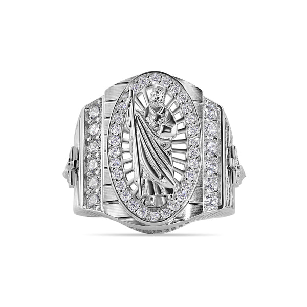 Rhodium Plated 925 Sterling Silver Men's Embossed Saint Jude Oval Top Round Clear Cross CZ 22.8mm Ring