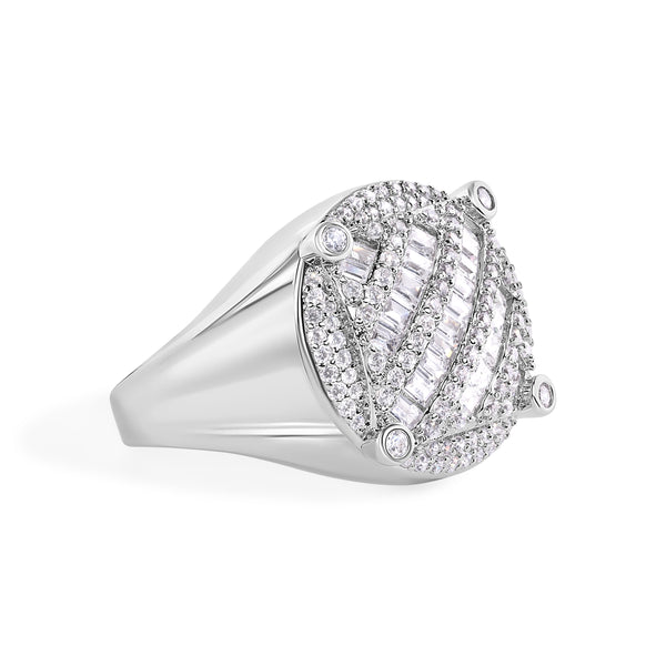 Rhodium Plated 925 Sterling Silver Men's Round Top Baguette Cut Clear CZ 20.9mm Ring