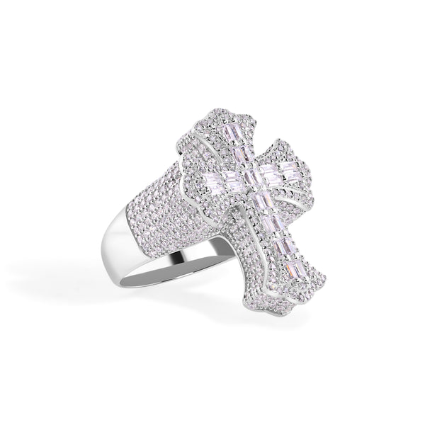 Rhodium Plated 925 Sterling Silver Men's Fleur De Lis Baguette Cross Cut Clear CZ 28.5mm Ring