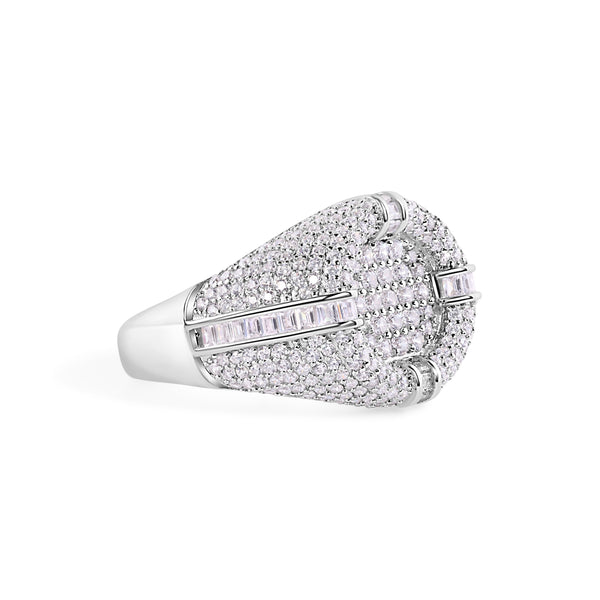 Rhodium Plated 925 Sterling Silver Men's Round Recessed Top Baguette Cut Clear CZ 17.2mm Ring