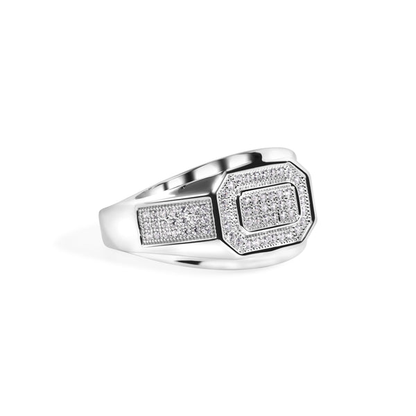 Rhodium Plated 925 Sterling Silver Men's Octagon Top Round Cut Clear CZ 13.6mm Ring