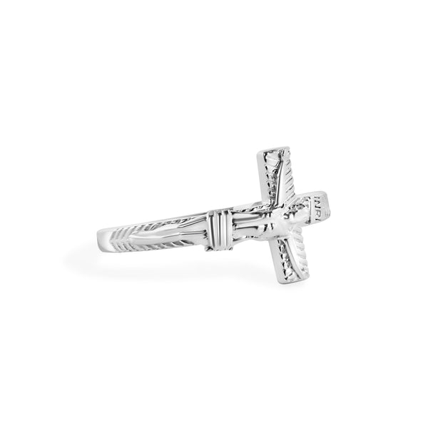 Rhodium Plated 925 Sterling Silver Cross Jesus Christ 2.6mm Ring