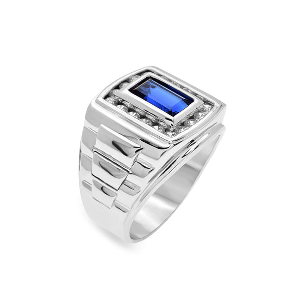 Rhodium Plated 925 Sterling Silver Men's Sapphire Baguette and Clear CZ 12.1 x 15.2mm Ring