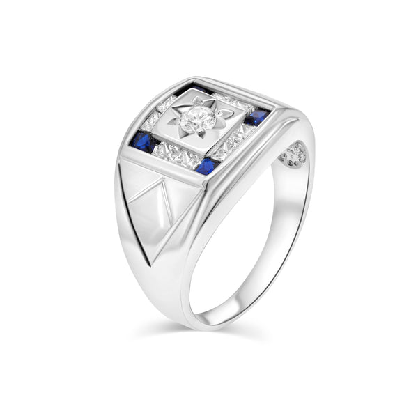 Rhodium Plated 925 Sterling Silver Men's Square Sapphire and Clear CZ 12.4mm x 14.8mm Ring