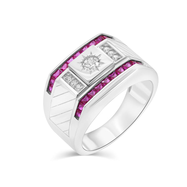 Rhodium Plated 925 Sterling Silver Men's Rectangle Sun Ruby and Clear CZ 13.7mm x 14.5mm Ring