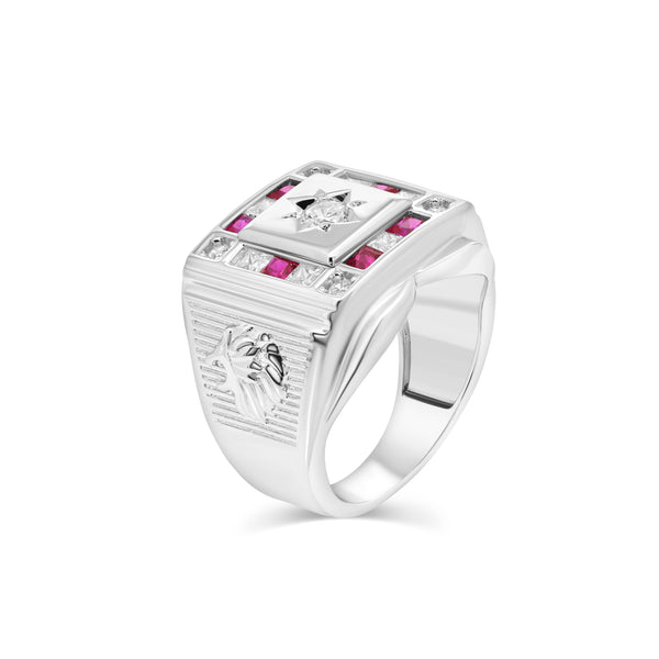 Rhodium Plated 925 Sterling Silver Men's Square Lion Sun Ruby and Clear CZ 16mm x 15.5mm Ring
