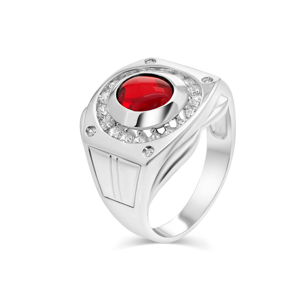Rhodium Plated 925 Sterling Silver Men's Round Top Ruby and Clear CZ 16.6mm x 16.6mm Ring
