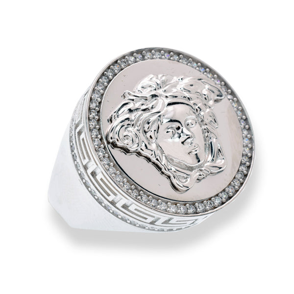 Rhodium Plated 925 Sterling Silver Men's Round Medussa Greek Key Clear CZ 24.1mm Ring