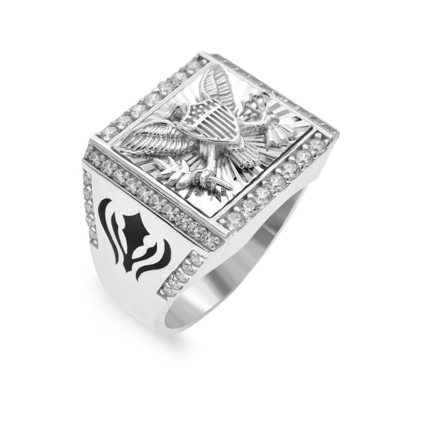 Rhodium Plated 925 Sterling Silver Men's Diamond Cut American Eagle Clear CZ 20.4mm x 17.2mm Ring
