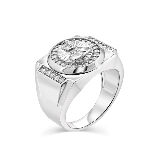 Rhodium Plated 925 Sterling Silver Men's Malverde Clear CZ 21.2mm x 16.7mm Ring