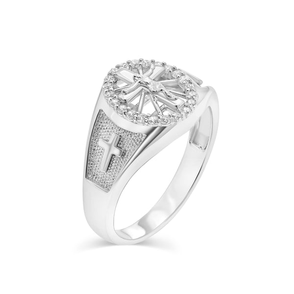 Rhodium Plated 925 Sterling Silver Men's Cross Crucifix Clear CZ 12.5mm Ring