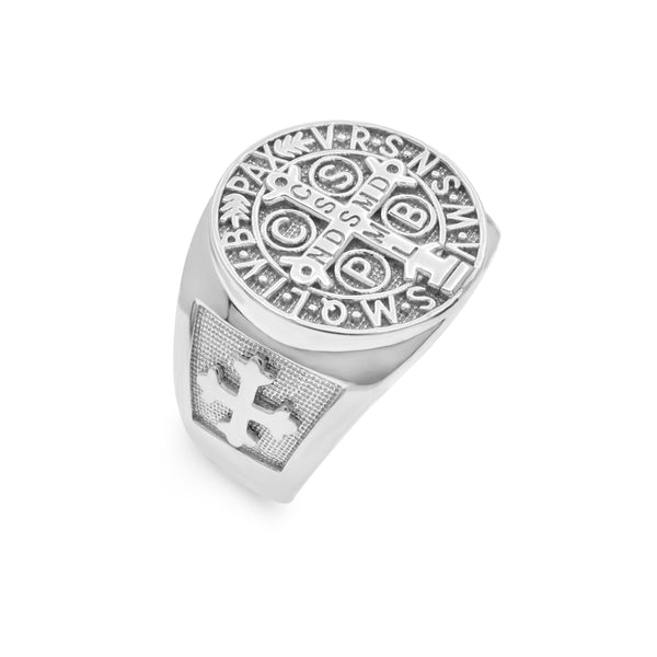 Rhodium Plated 925 Sterling Silver Men's Saint Benedict Prayer 17.2mm Ring