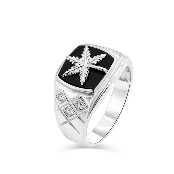 Rhodium Plated 925 Sterling Silver Men's Cannabis Black Onyx Clear CZ 12.2mm x 11.9mm Ring