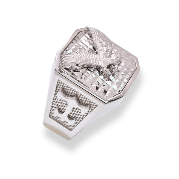 Rhodium Plated 925 Sterling Silver Men's Diamond Cut Eagle Octagon 18.9mm x 18.3mm Ring