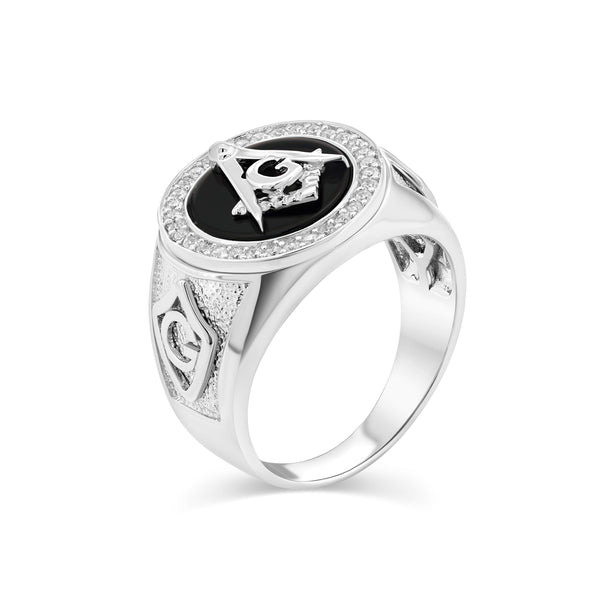Rhodium Plated 925 Sterling Silver Men's Round Masonic Black Onyx Clear CZ 16.9mm Ring