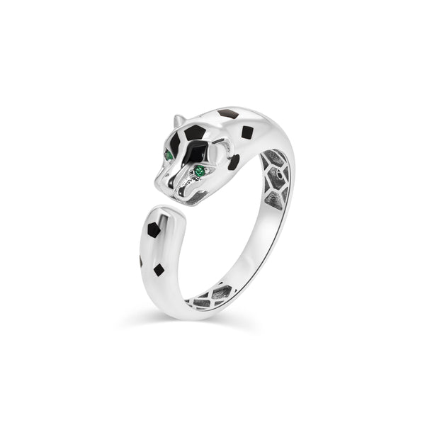 Rhodium Plated 925 Sterling Silver Panther Emerald Green CZ Eye Black Enamel Ring