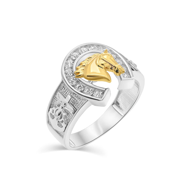 Two-Tone Plated 925 Sterling Silver Horseshoe Mariner Cross 12.6mm x 12.9mm Ring