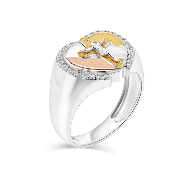 Three-Tone Plated 925 Sterling Silver Crucifix Cross Heart 12.3mm x 14.8mm Clear CZ Ring