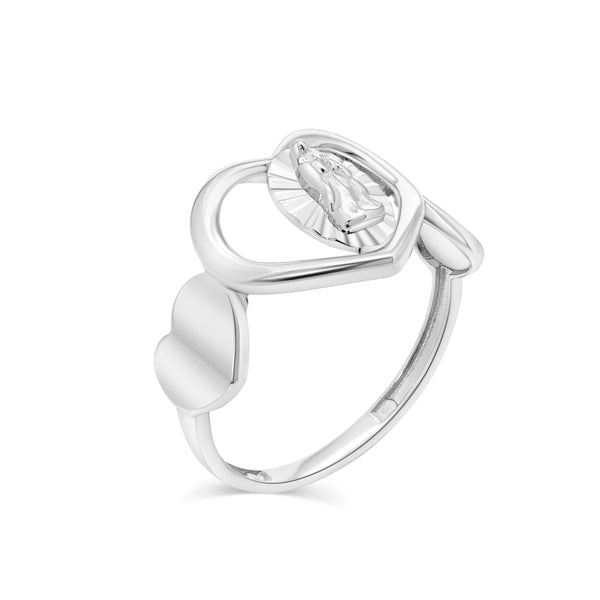 Rhodium Plated 925 Sterling Silver Three Hearts Our Lady of Guadalupe 12.7mm x 11.7mm Ring