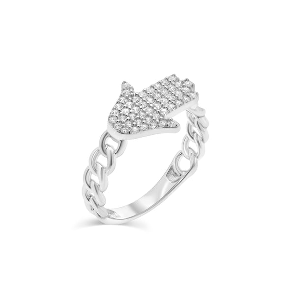 Rhodium Plated 925 Sterling Silver Hamsa 10.6mm x 13.4mm Clear CZ Ring