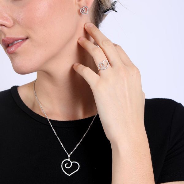 Silver 925 Rhodium Plated Clear Open Heart CZ Stud Earring and Necklace Set