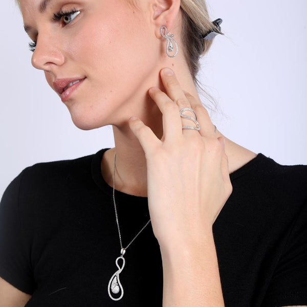 Silver 925 Rhodium Plated Clear Open Loop Eggplant CZ Dangling Stud Earring and Necklace Set