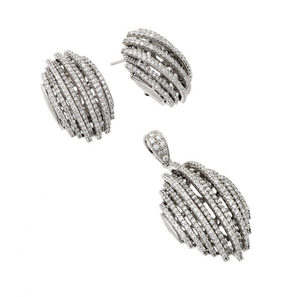 Silver 925 Rhodium Plated Clear Puffed Button CZ Stud Earring and Dangling Necklace Set