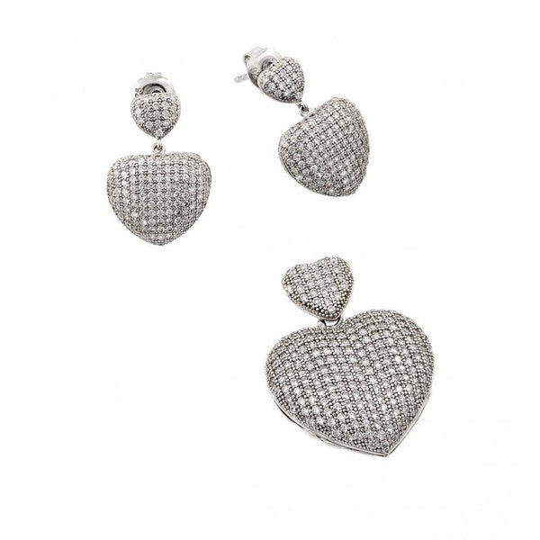 Silver 925 Rhodium Plated Clear Micro Pave Heart CZ Dangling Stud Earring and Dangling Necklace Set