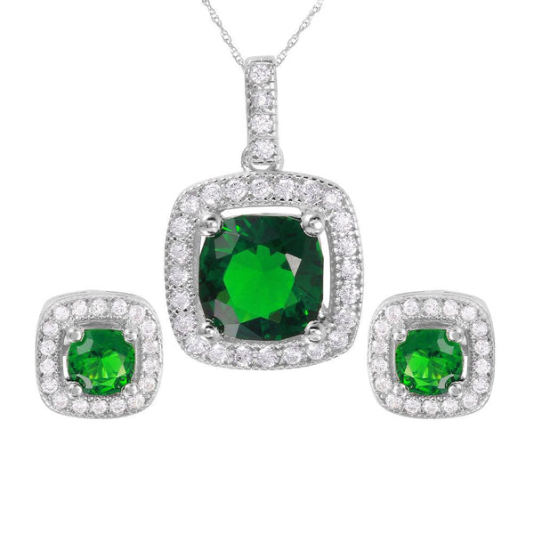 Silver 925 Rhodium Plated Square Green CZ Set