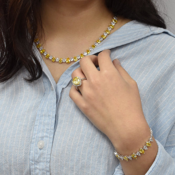 Rhodium Plated 925 Sterling Silver Clear and Citrine Pear Cut CZ 8.8mm Necklace and Bracelet Set