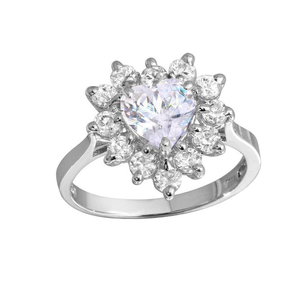 Rhodium Plated 925 Sterling Silver CZ Heart Flower Ring