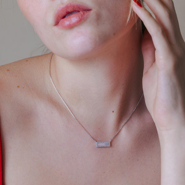 Rhodium Plated 925 Sterling Silver Mother Of Pearl Halo Bar Necklace