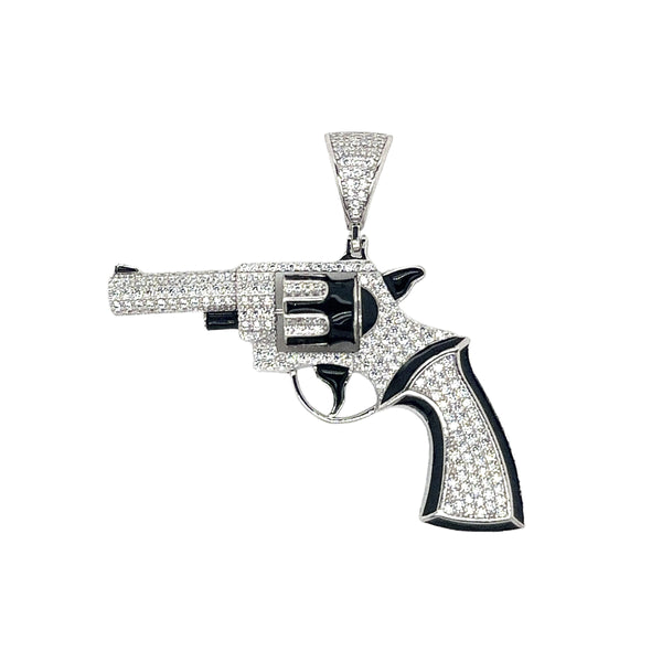 Rhodium Plated 925 Sterling Silver Spinning Revolver Gun Clear CZ Black Enamel Pendant