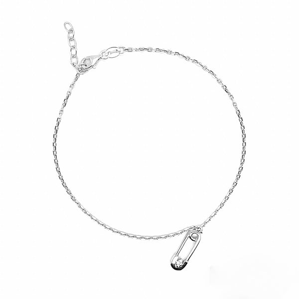 Rhodium Plated 925 Sterling Silver Cable Safety Pin Charm Clear CZ Adjustable Anklet