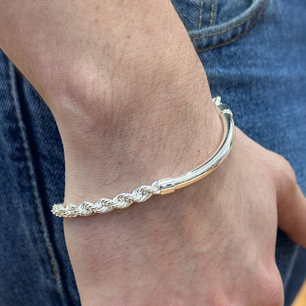 925 Sterling Silver Hollow Rope Round Bar 5mm Bracelet