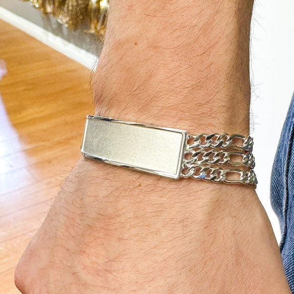 925 Sterling Silver Three Strand Figaro 11.7mm Textured ID Bracelet